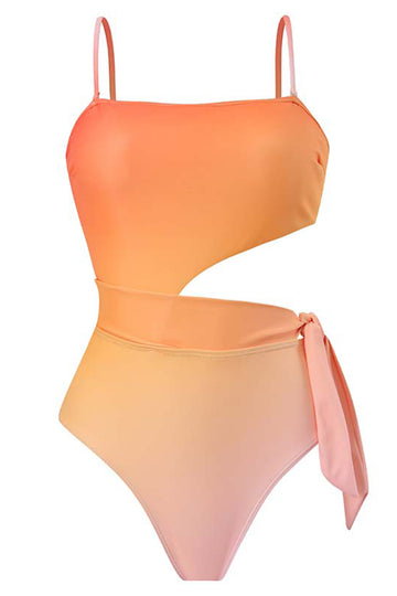 High Waist Orange One Piece Swimwear with Cut Out